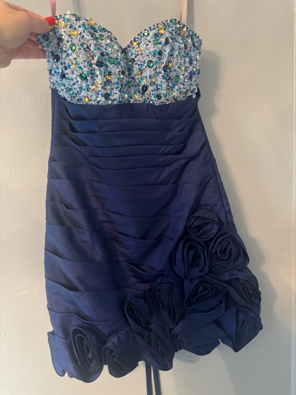 Blue strapless cocktail dress